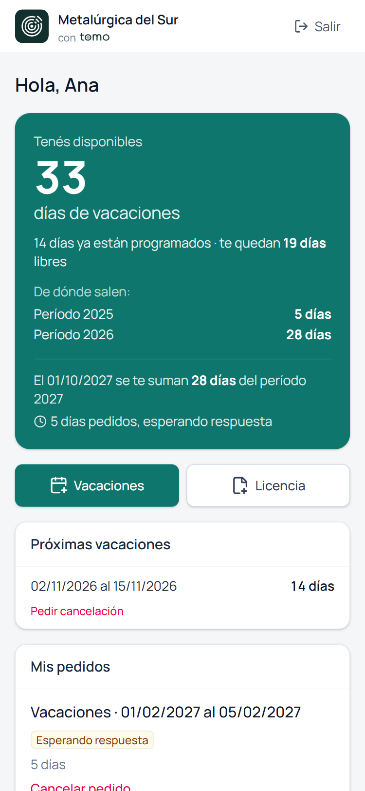 El portal del empleado en el celular: “Tenés disponibles 33 días de vacaciones”, de qué período salen, y los botones para pedir vacaciones o una licencia.